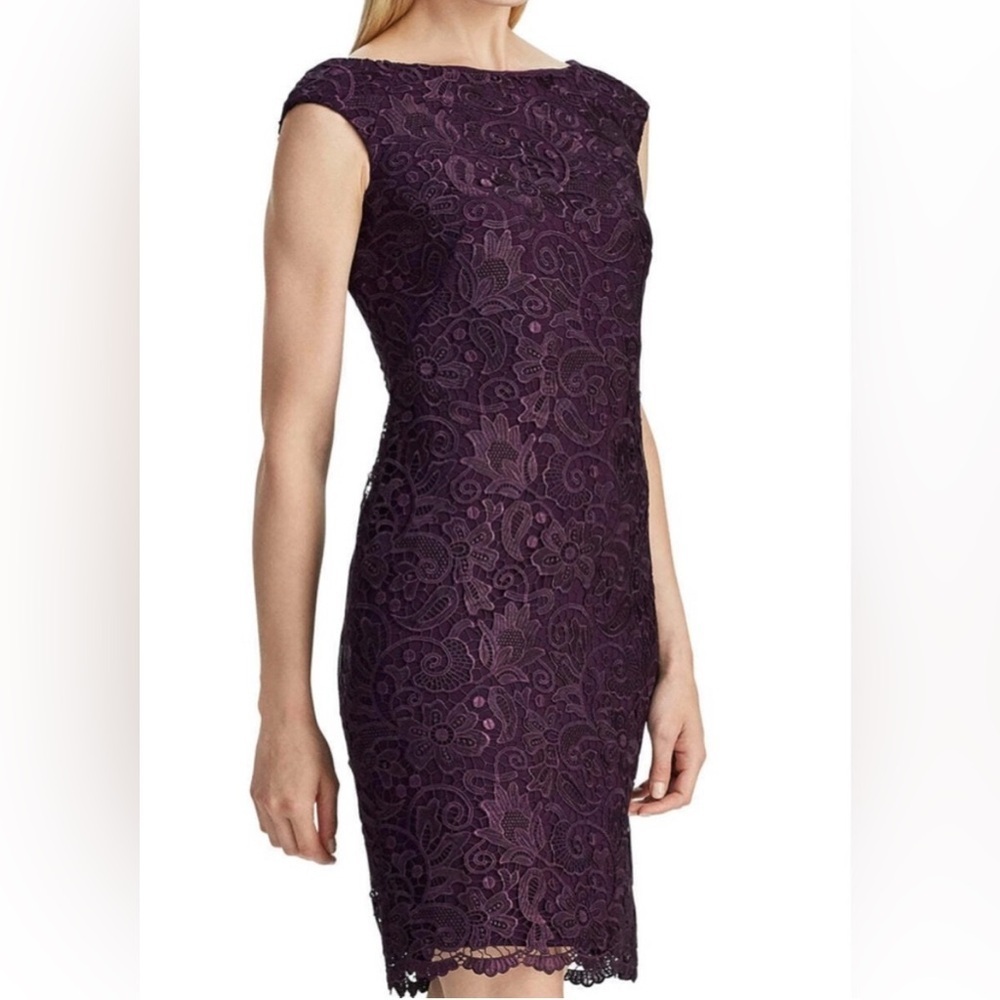 Lauren Ralph Lauren Purple Lace Midi Dress Scalloped Trim Size 0